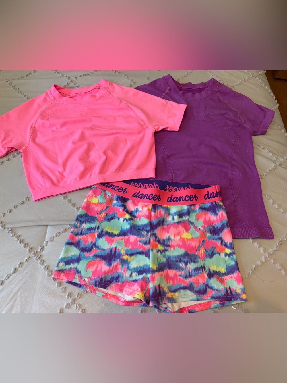 Girls Workout bundle - Justice Dancer Shorts w/ Pink & Purple Tops